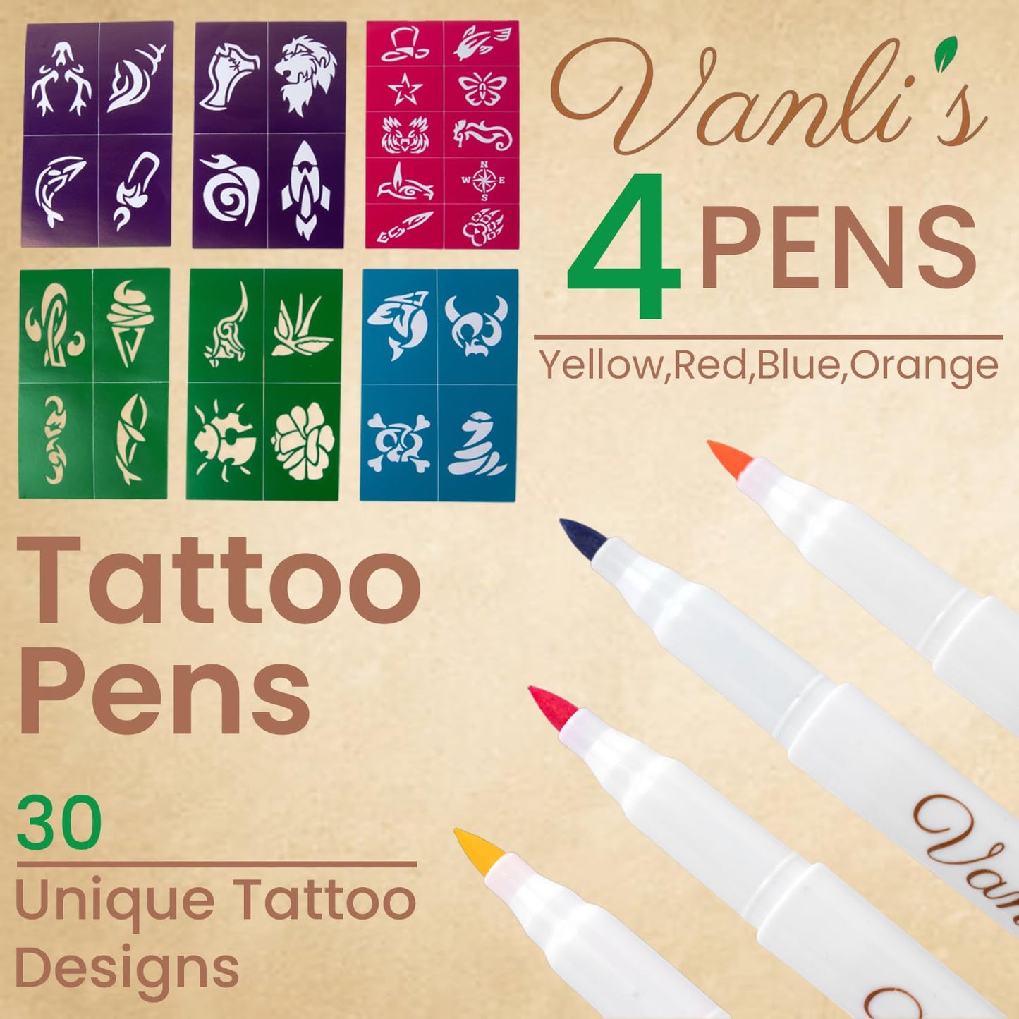 Vanli's 10 Original Temporary Tattoo Markers For Skin, Temporary Tattoo Pens with 30 Unique Stencils. Stocking Stuffers for Teens, Boys, Girls, Women.