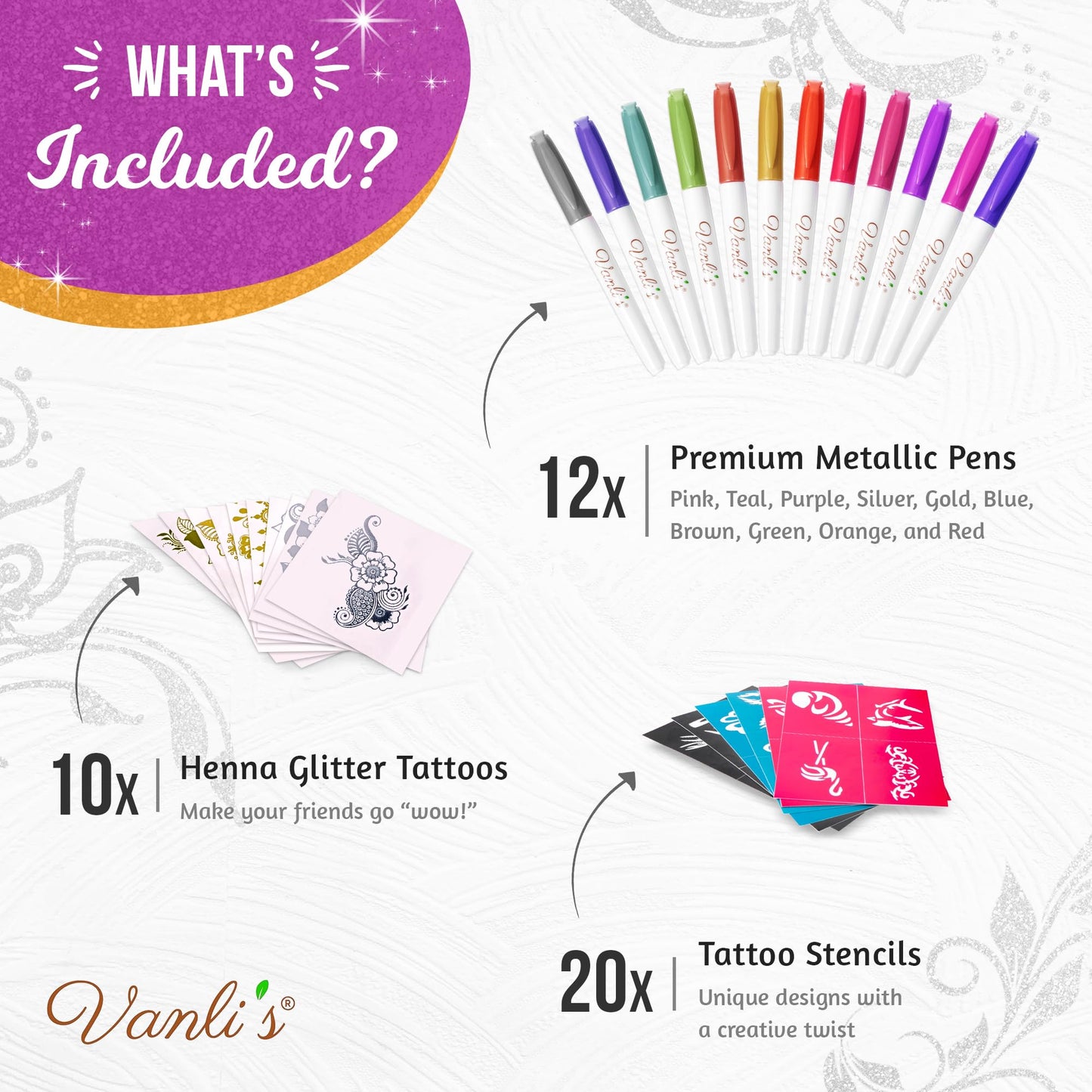 Vanli's Temporary Tattoo Markers – Body Markers For Adults & Teens – 10 Waterproof Fake Tattoos And 30 Tattoo Stencil Paper Included – Body Art Markers For Skin. 12 Pack