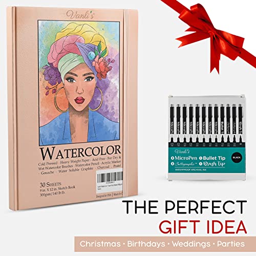 Vanli's Cold Press Watercolor Paper Sketchbook 9"x12" with 12 Pack Fine Tip Art Pens. Waterproof Archival Ink Fineliner Calligraphy Pens For Journaling and Drawing