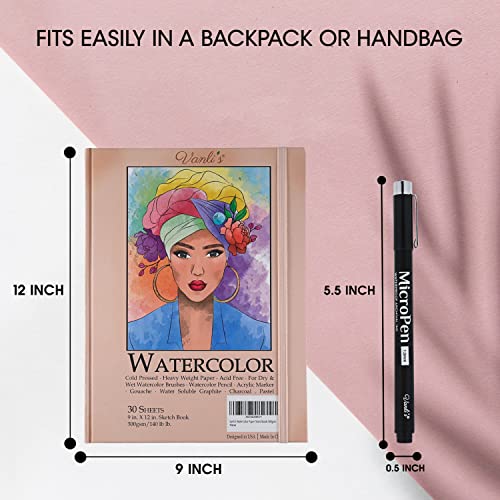Vanli's Cold Press Watercolor Paper Sketchbook 9"x12" with 12 Pack Fine Tip Art Pens. Waterproof Archival Ink Fineliner Calligraphy Pens For Journaling and Drawing