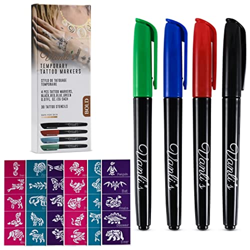 Vanli's Temporary Tattoo Markers, Removable Tattoo Kit with 6 Tattoo Pens and 30 Tattoo Stencil Papers