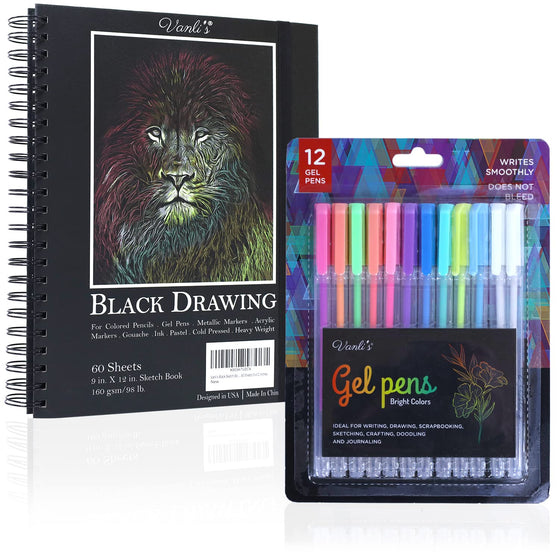 Vanli's Hardcover Black Paper Sketchbook & 12 Pack Ball Point Gel Pens Set - 2 White & 10 Colorful Pens for Drawing, Sketching, & Journaling. 9" x 12" Spiral Bound, Acid Free Black Art Paper