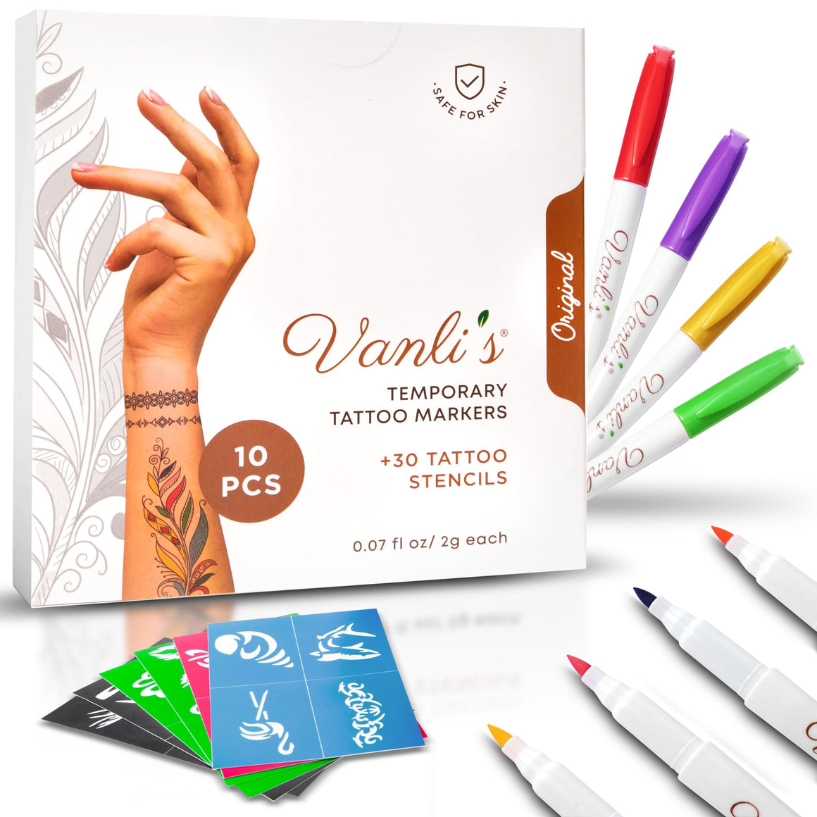 Vanli's 10 Original Temporary Tattoo Markers For Skin, Temporary Tattoo Pens with 30 Unique Stencils. Stocking Stuffers for Teens, Boys, Girls, Women.