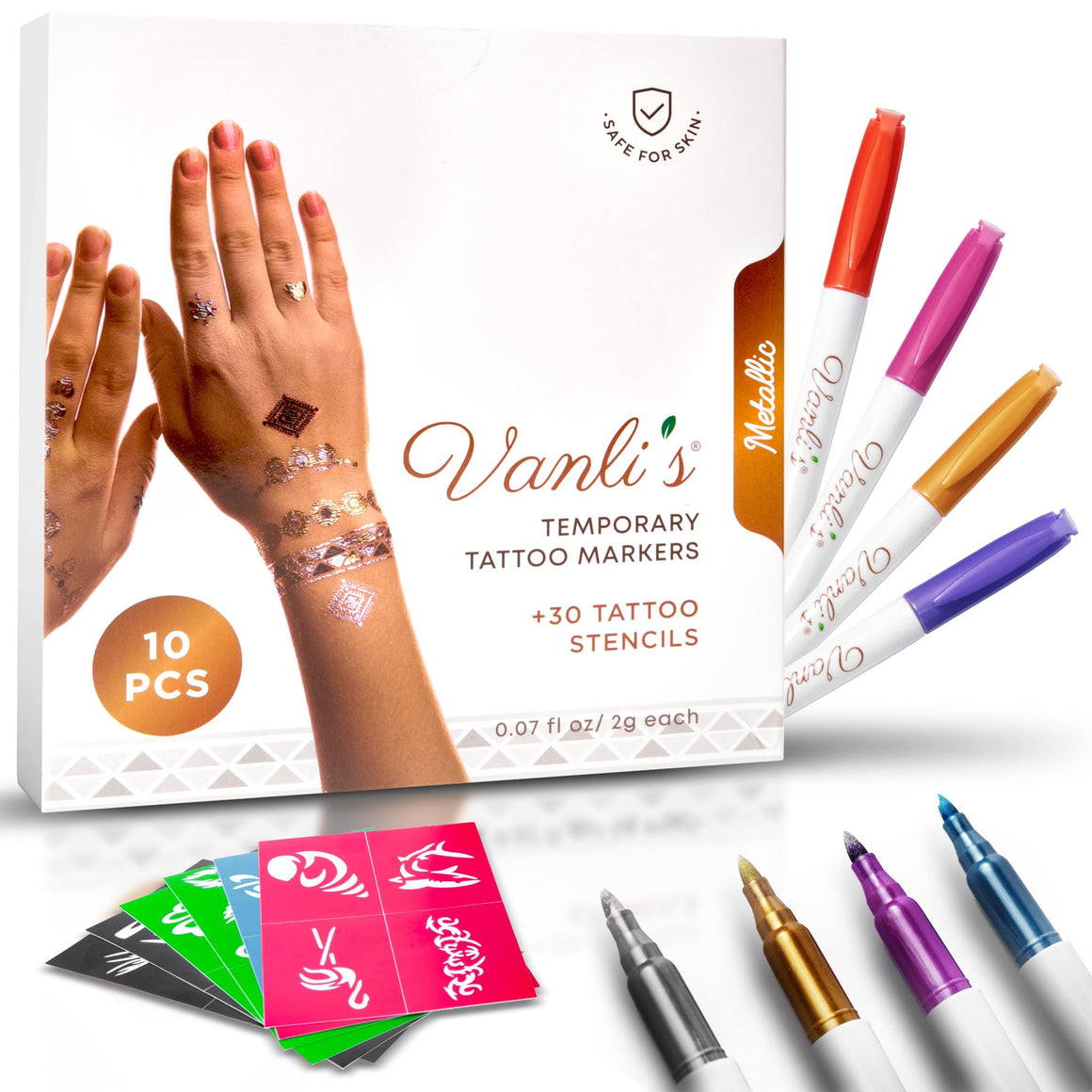 Vanli's Metallic 10 Temporary Tattoo Markers, Temporary Tattoo Pens with 30 Tattoo Stencils. Stocking Stuffers For Kids, Boys, Girls, Women.