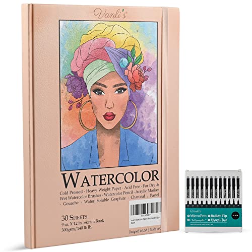 Vanli's Cold Press Watercolor Paper Sketchbook 9"x12" with 12 Pack Fine Tip Art Pens. Waterproof Archival Ink Fineliner Calligraphy Pens For Journaling and Drawing